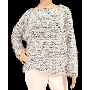 JONES NEW YORK Eyelash Shaggy Plush Polyester Oversized Sweater Black White Sz M